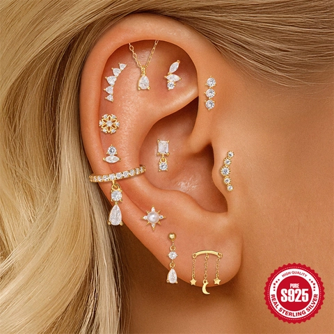 Pendientes de Botón de Cartílago de Plata de Ley 925 con Borla de Estrella y Luna Oro Zirconia Joyería Mujer