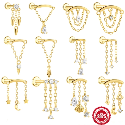 Pendientes de Botón de Cartílago de Plata de Ley 925 con Borla de Estrella y Luna Oro Zirconia Joyería Mujer