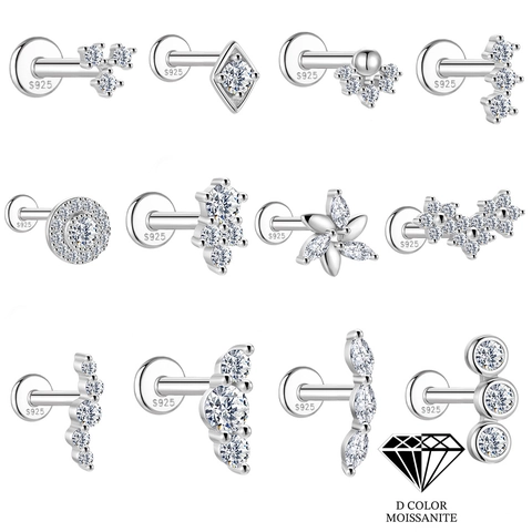 925 Sterling Silver Moissanite Labret Stud Earrings For Women Tiny Geometric Floral Cartilage Earring Post Piercing Jewelry