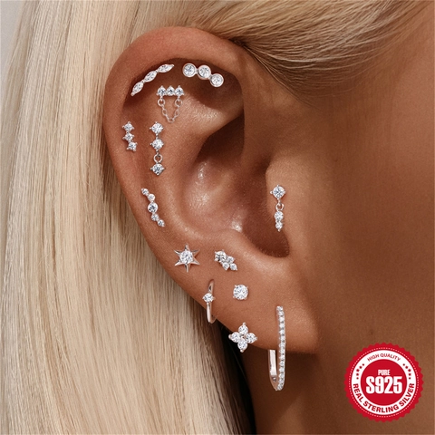 925 Sterling Silver Moissanite Labret Stud Earrings For Women Tiny Geometric Floral Cartilage Earring Post Piercing Jewelry