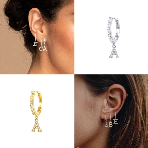 Orecchini a Cerchio in Argento Sterling 925 con Lettera Iniziale Placcati Oro Platino Zirconia Alfabeto A-Z Orecchini Huggie Donna