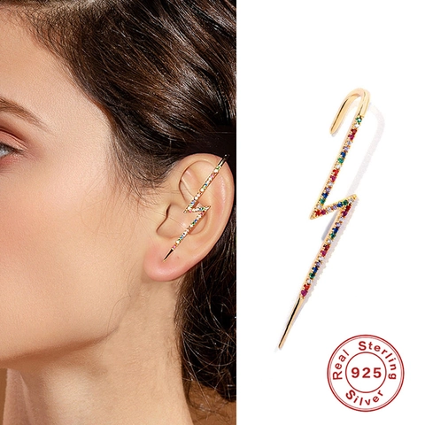 925 Sterling Silver Lightning Bolt Ear Crawler Earrings Gold Plated Zirconia Inlaid Punk Ear Cuff For Women Fashion Jewelry