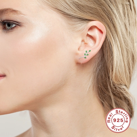 925 Sterling Silver Leaf Ear Crawlers Branch Climber Earrings With Marquise Zirconia Gold Platinum Plated Botanical Jewelry