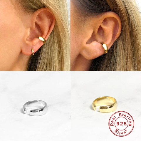 925 Sterling Zilver Oormanchet Voor Vrouwen Goud Zilver Verguld Minimalistische Brede Gladde Oorbellen Zonder Gaatjes Geometrische Sieraden