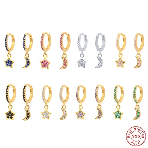 925 Sterling Silver Star Moon Stud Earrings For Women Gold Silver Plated Colorful Zirconia Inlaid Asymmetric Hoop Earrings Jewelry