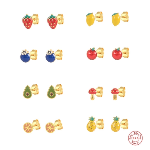 925 Sterling Silver Fruit Stud Earrings Gold Plated Enamel Apple Strawberry Pineapple Colorful Cute Jewelry Women Gift