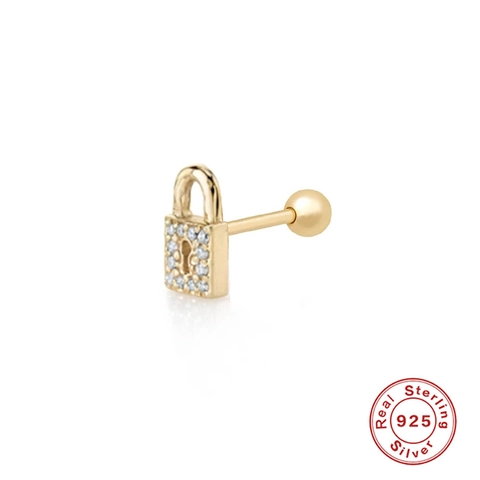 925 Sterling Silver Lock Stud Earrings For Women Tiny Gold Zirconia Rhinestone Heart Padlock Piercing Jewelry Gift