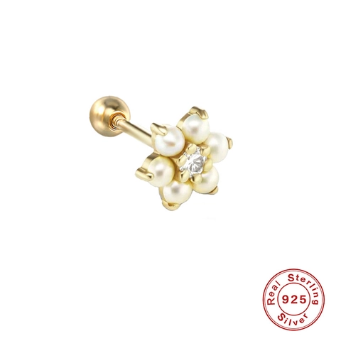 925 Sterling Silver Flower Artificial Pearl Zirconia Ear Cartilage Stud Screw Back Gold Silver Tiny Piercing Earring For Women Jewelry