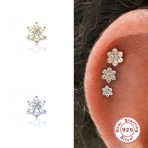 925 Sterling Silver Flower Artificial Pearl Zirconia Ear Cartilage Stud Screw Back Gold Silver Tiny Piercing Earring For Women Jewelry