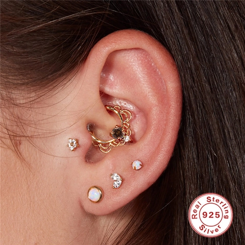 925 Sterlingsilber 18K Vergoldet Zirkonia Nasenring Ohrknorpel Stecker Ohrring Vintage Filigran Piercingschmuck Für Damen