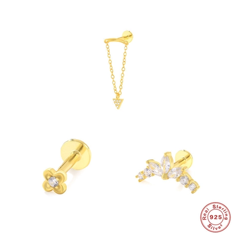 925 Sterlingsilber Geometrische Labret Ohrstecker Für Damen Gold Plattiert Zirkonia Vierblättriges Kleeblatt Dreieck Kette Krone Ohrknorpel Piercing Schmuck