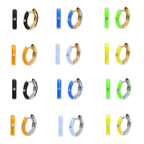 Colorful Brass Enamel Huggie Hoop Earrings With Zirconia Inlaid Gold Silver Plated Geometric Round Earrings For Women Jewelry