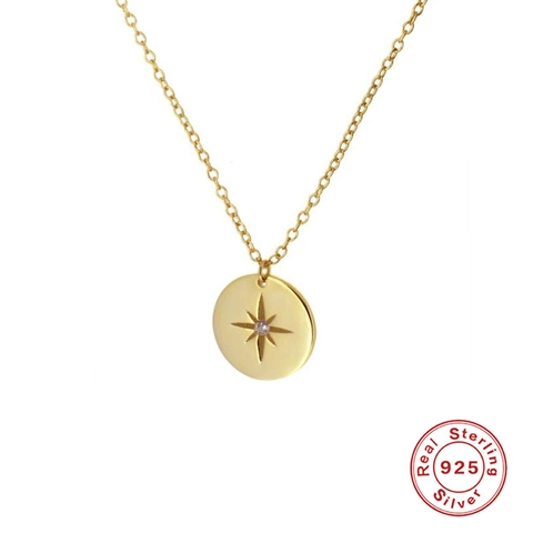 925 Sterling Silver Octagram Star Round Plate Pendant Necklace For Women Zirconia Inlaid Gold Silver Plated Dainty Jewelry Gift