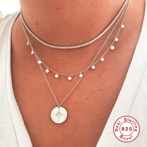 925 Sterling Silver Octagram Star Round Plate Pendant Necklace For Women Zirconia Inlaid Gold Silver Plated Dainty Jewelry Gift