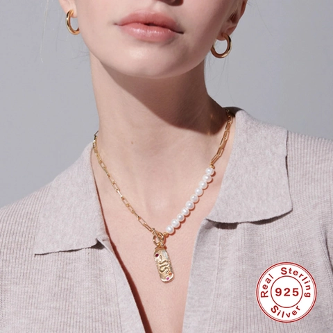 S925 Argento Sterling Catena a Graffetta Perla Artificial Girasole Serpente Ciondolo Collana per Donna Placcato Oro Chiusura a T Gioielli
