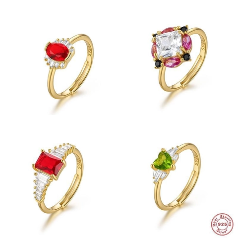 Luxury 925 Sterling Silver Zirconia Open Ring For Women Vintage Geometric Oval Heart Rectangle Red Green Gemstone Adjustable Finger Ring Jewelry Gift