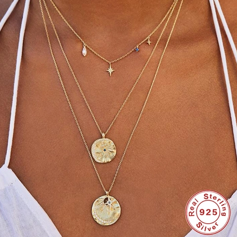925 Sterling Silver Octagonal Star Necklace For Women Artificial Pearl Rhinestone Clavicle Chain Layered Fashion Jewelry