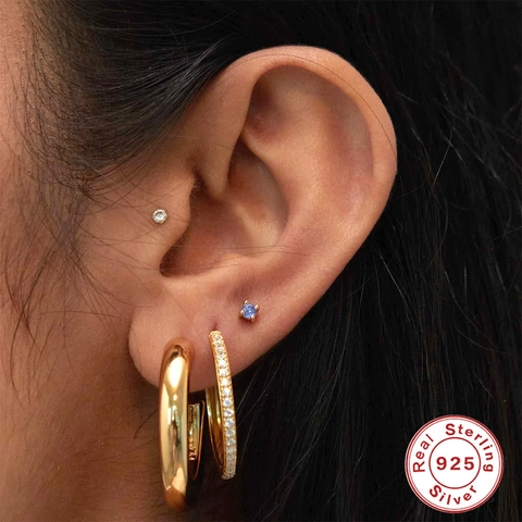 Tige en Argent Sterling 925 Plaqué Or Quatre Griffes Rond Boucles d'Oreilles Clous en Zircone Pierre de Naissance Femme Bijoux