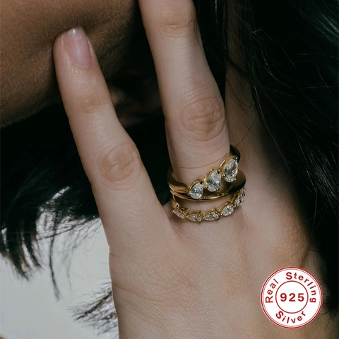 925 Sterling Silver Geometric Zircon Open Ring For Women Minimalist French Style Gold Stackable Double Layered Ring Jewelry