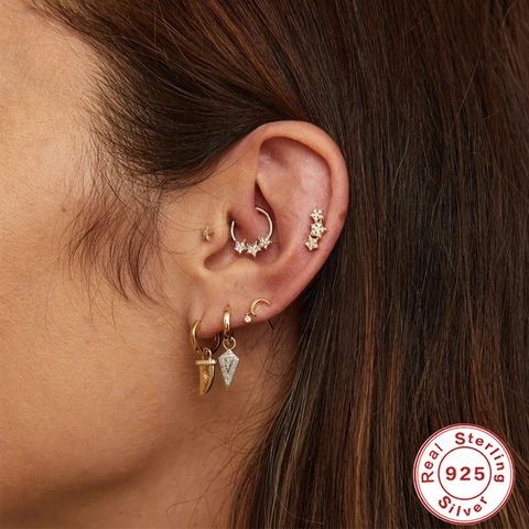 925 Sterling Silver Star Cartilage Stud Earring Gold Plated Zirconia Geometric Tiny Piercing Nose Ring For Women Jewelry Gift