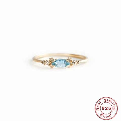 S925 Sterling Zilver Marquise Lichtblauw Zirkonia Ring Goud Verguld Elegant Verloving Vingersieraden Cadeau Voor Vrouwen Meisjes
