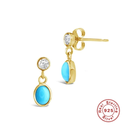 Pendientes de Botón de Plata de Ley 925 Chapado en Oro con Turquesa Geométrico Zirconia Triángulo Joyería Mujer