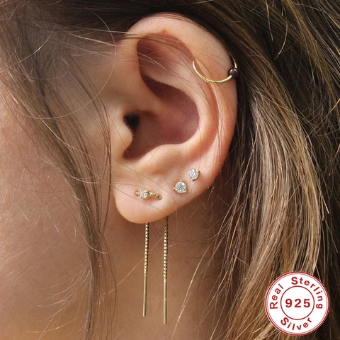 Orecchini a Filo in Argento Sterling 925 Con Zirconia Per Donna Elegante Minimalista Geometrico Stella Luna