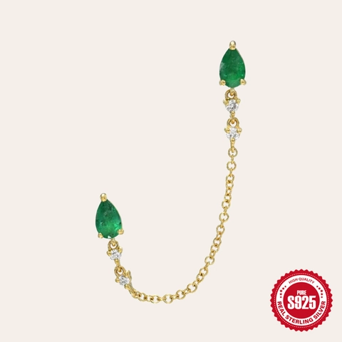 Boucles d'Oreilles Chaîne en Argent Sterling 925 Avec Pierre Précieuse Verte en Poire Zirconium Blanc Bijoux Femme Élégant