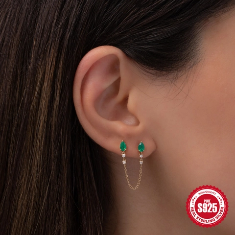 Boucles d'Oreilles Chaîne en Argent Sterling 925 Avec Pierre Précieuse Verte en Poire Zirconium Blanc Bijoux Femme Élégant