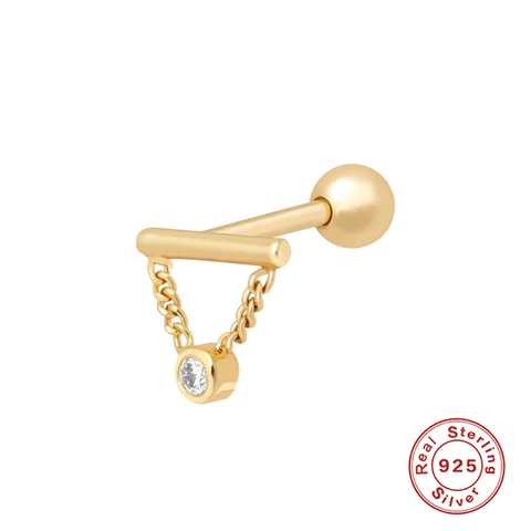 925 Sterling Silver Tassel Chain Ear Cartilage Stud Earrings For Women Tiny Bar Dangle Zirconia Piercing Jewelry