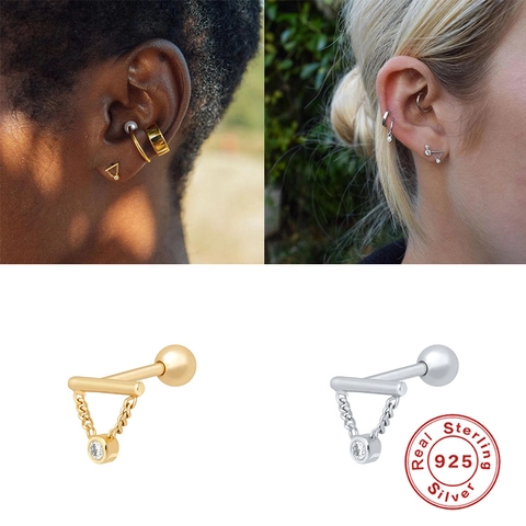925 Sterling Silver Tassel Chain Ear Cartilage Stud Earrings For Women Tiny Bar Dangle Zirconia Piercing Jewelry