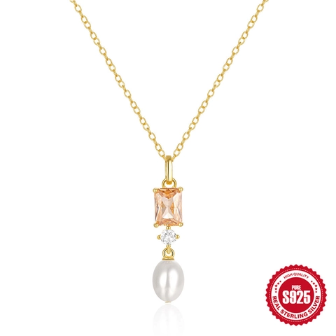 Collana Con Pendente in Argento Sterling 925 Con Zirconia Rettangolare Arancione e Perla Artificial a Goccia Bianca Gioielli Donna