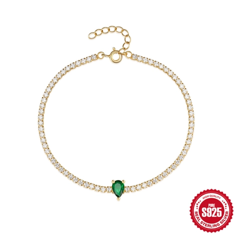 Pulsera Tennis de Plata de Ley 925 Chapada en Oro para Mujer Zirconia Cúbica Verde Talla Pera Dije de Gota Joyería de Moda INS