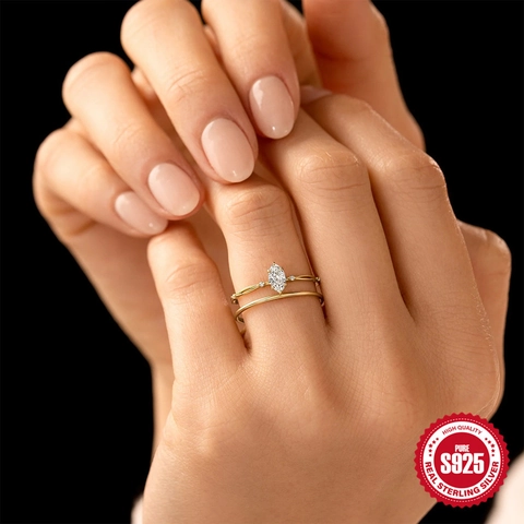 Anello Principale Marquise in Argento Sterling 925 con Zirconia e Fascia Liscia Placcato Oro Gioielli Eleganti Donna