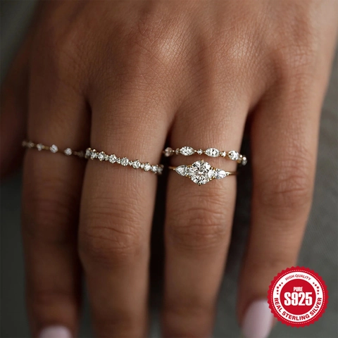 925 Argento Sterling Zirconia Anello Classico Tondo Pera Tre Pietre Fidanzamento Matrimonio Oro Placcato Lusso Donna Gioielli