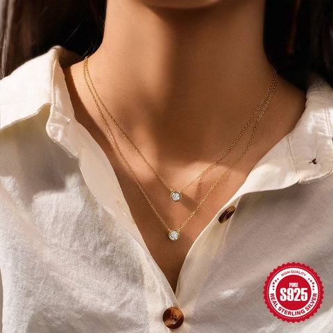 Double Layer 925 Sterling Silver Necklace For Women Gold Plated Round Zirconia Bezel Set Dainty Layered Pendant Necklace