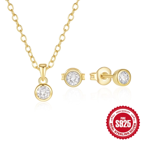 Joyería Clásica de Plata de Ley 925 Con Zirconia 5A Redondo Engaste en Bisel Para Mujer Con Collar Y Pendientes de Botón Chapado en Oro Platino Regalo