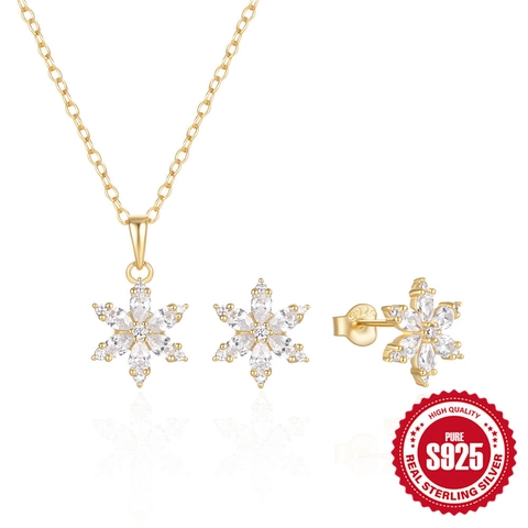 925 Sterlingsilber Schneeflocke Halskette Ohrringe Für Damen Zirkonia Anhänger Gold Silber Vergoldet Elegant Winter Schmuck Geschenk