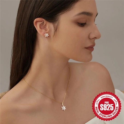 925 Sterlingsilber Schneeflocke Halskette Ohrringe Für Damen Zirkonia Anhänger Gold Silber Vergoldet Elegant Winter Schmuck Geschenk