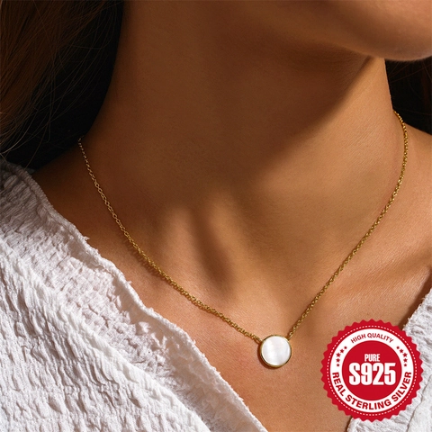 Minimalistische 925 Sterlingsilber Perlmutt Anhänger Halskette Für Damen Runde Geometrische Schlüsselbeinkette Schmuck Vergoldet Versilbert