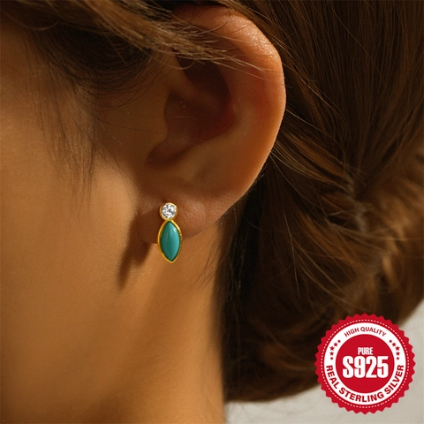 925 Sterling Silver Turquoise Marquise Jewelry Set For Women Gold Plated Zirconia Stud Earrings Pendant Necklace Adjustable Open Ring Fashion Accessories