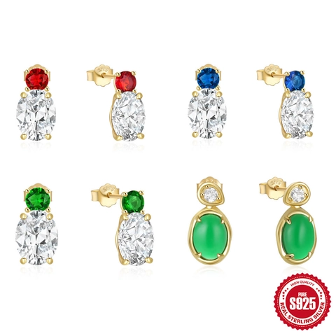 Pendientes de Botón de Zirconia con Poste de Plata de Ley 925 de Lujo para Mujer Pendientes de Piedras Preciosas Ovaladas Verde Esmeralda Rojo Azul Joyería de Boda