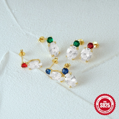 Pendientes de Botón de Zirconia con Poste de Plata de Ley 925 de Lujo para Mujer Pendientes de Piedras Preciosas Ovaladas Verde Esmeralda Rojo Azul Joyería de Boda