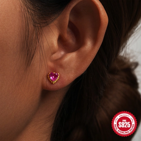 925 Sterling Zilveren Oorknopjes Verguld Zirconia Hart Peer Waterdruppel Vorm Franse Stijl Elegante Sieraden Voor Vrouwen