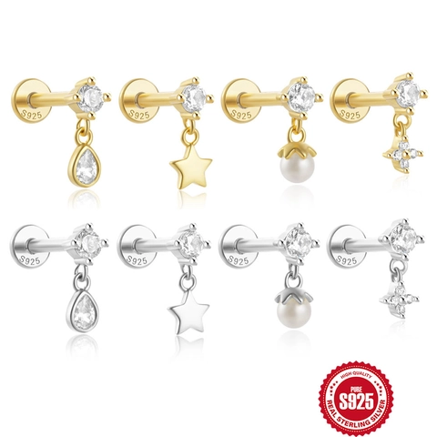 925 Sterling Argent Étoile Croix Künstliche Perle Goutte d'Eau Zircone Clous de Cartilage Minimaliste Labret Bijoux de Corps pour Unisexe