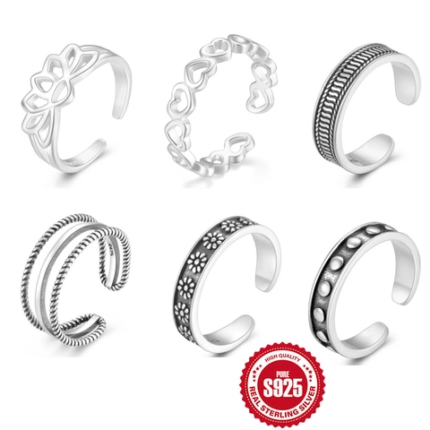 Anillos de Dedo del Pie de Plata de Ley 925 para Mujer Anillo Abierto Ajustable Vintage Corazón Loto Margarita Diseño Verano Playa Joyería de Pies