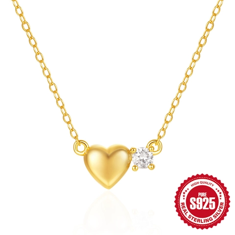 925 Sterlingsilber Herz Anhänger Halskette Gold Plattiert Zirkonia Eingelegt Minimalistisch Damen Mädchen Schmuck Geschenk