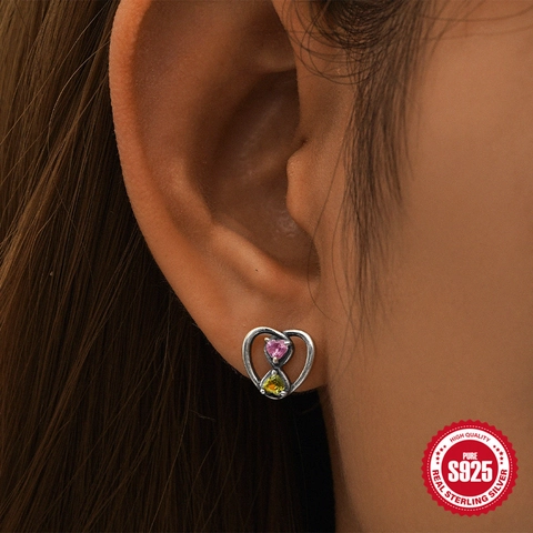925 Sterling Silver Heart Stud Earrings With 5A Zircon Rose Life Tree Family Angel Wings Vintage Jewelry For Women Gift