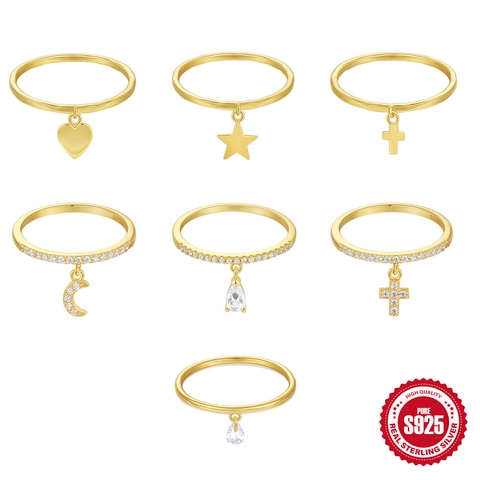 S925 Sterling Silver Gold Plated Dainty Charm Ring With Zirconia Moon Star Heart Cross Pear Pendant For Women Jewelry Gift