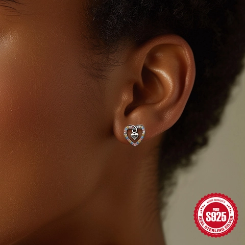 925 Sterling Silver Heart Stud Earrings With 5A Zircon Rose Life Tree Family Angel Wings Vintage Jewelry For Women Gift